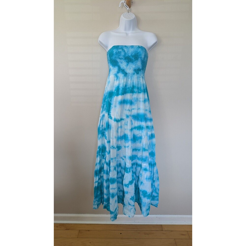 Michael Kors Strapless Maxi Dress Tiered Smocked Blue Tie Dye 100% Cotton Small